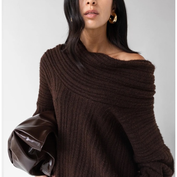 OAK + FORT Chocolate Off-Shoulder Sweater - Picture 5 of 10